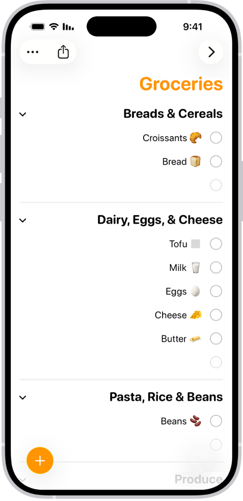 היישום ״תזכורות״, עם רשימת קניות שכוללת פריטים בקטגוריות כמו ״ירקות ופירות״ ו״דגים״.