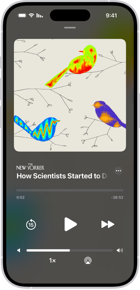 כתבת שמע מתוך Apple News+‎. מתחת לנגן מופיעים פקדי הפעלת השמע ומחוון עוצמת שמע.