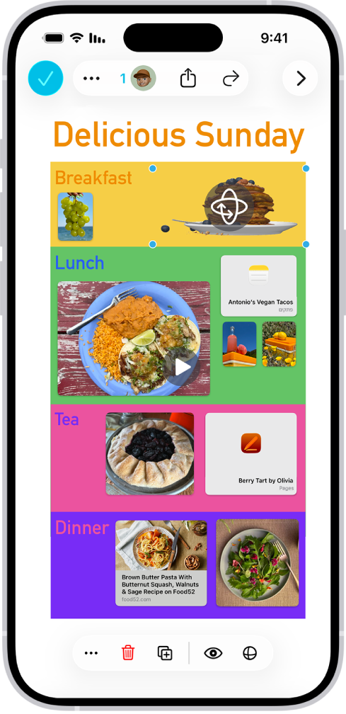 לוח Freeform עם כמה קבצים שנוספו: קובץ של תמונה תלת-ממדית, קובץ, קישור, סרטון, מדבקות ותמונה. הקובץ של התמונה התלת-ממדית נבחר, והכפתור לסיבוב התמונה וכלי עיצוב גלויים.