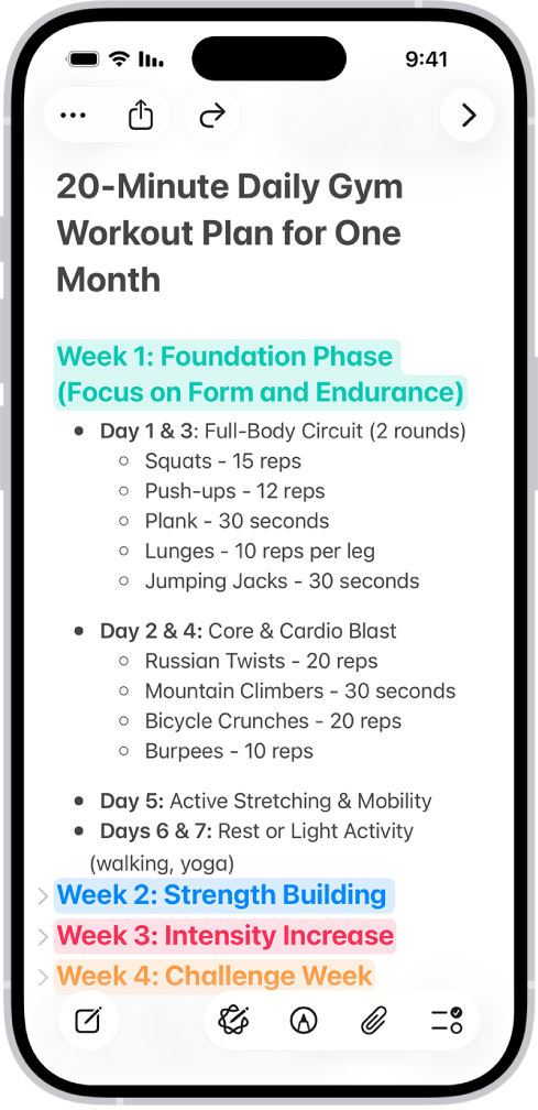 פתק ביישום ״פתקים״ עם כותרות שניתנות להרחבה/כיווץ בראש המסך.