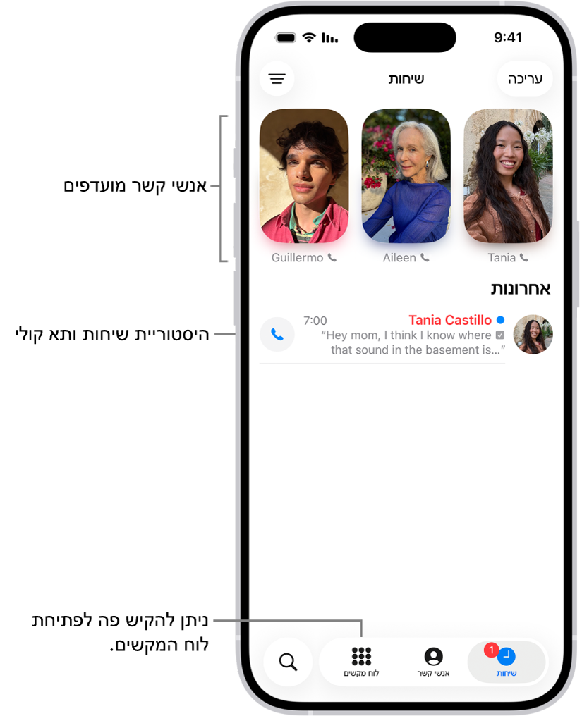 הכרטיסיה ״שיחות״ ביישום ״טלפון״ בפריסה מאוחדת. אנשי קשר מועדפים מופיעים בחלקו העליון של המסך. מתחת ל״מועדפים״ מופיעה רשימה של שיחות אחרונות ותא קולי. כפתורים להצגת השיחות, ״אנשי קשר״ ו״לוח מקשים״ מופיעים בתחתית המסך. הכפתור ״חיפוש״ נמצא בפינה השמאלית התחתונה.