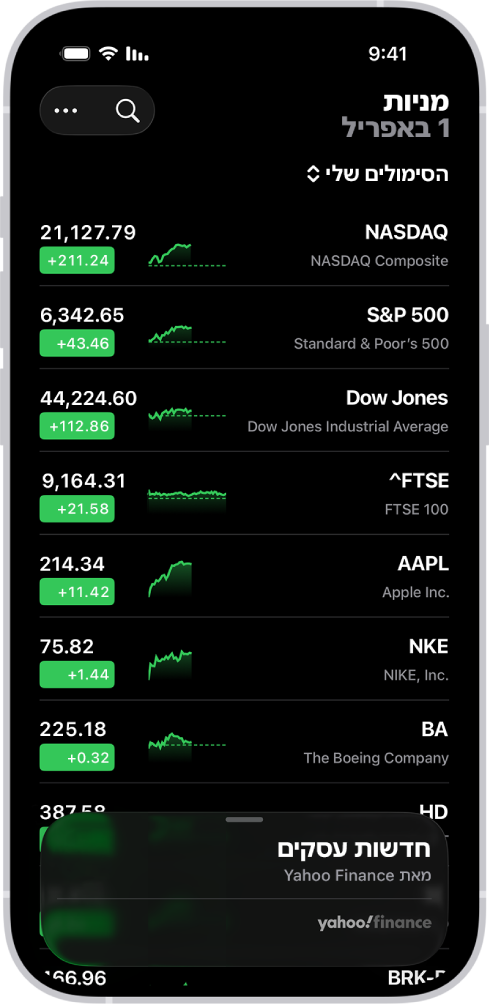 רשימת מניות במעקב ביישום ״מניות״ עם מניות שונות. כל מניה ברשימה מציגה, משמאל לימין, את סימול המניה ושמה, תרשים ביצועים, מחיר המניה ותנודות במחיר. למעלה משמאל מופיע כפתור החיפוש. בתחתית המסך מופיע Business News
