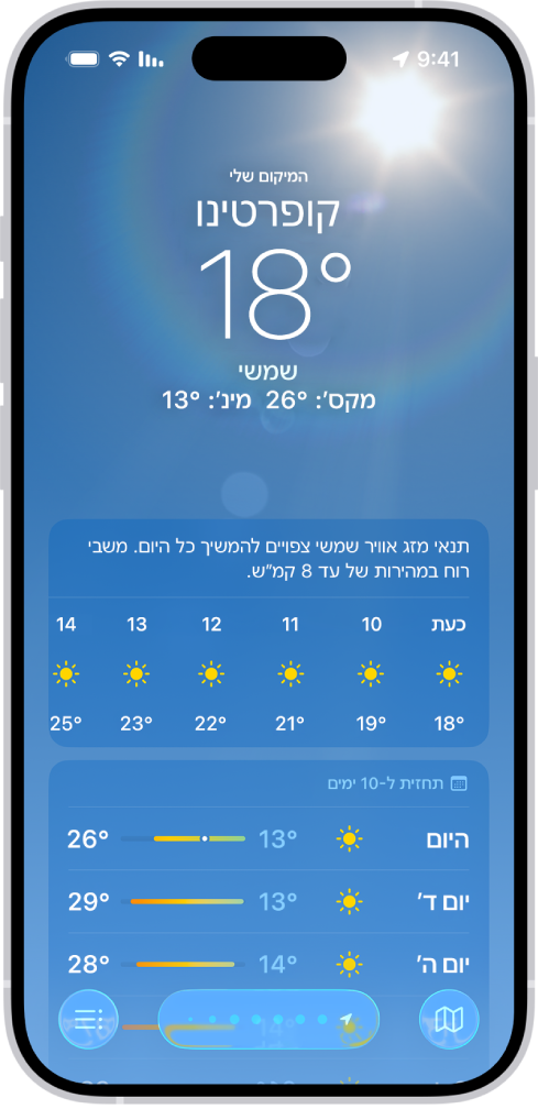 מסך ״מזג אוויר״ מציג, מראשית הדף לתחתית: את המיקום, הטמפרטורה הנוכחית, הטמפרטורות הגבוהות והנמוכות לאותו היום, התחזית השעתית ואת התחזית לכמה ימים מתוך עשרת הימים הבאים. שורת נקודות במרכז למטה מציגה מיקומים נוספים ברשימת המיקומים. בפינה הימנית התחתונה מוצג כפתור ״רשימת מיקומים״ ובפינה השמאלית התחתונה מוצג כפתור ״הצג מפה״.