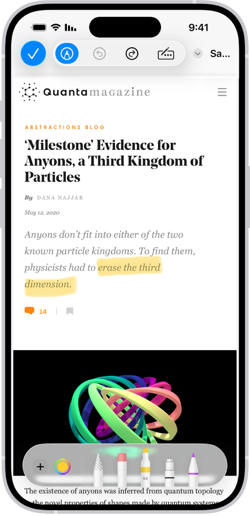 הערות נוספות לקובץ PDF של אתר אינטרנט באמצעות כלי ״סימון״, שנמצאים בתחתית המסך. אחד המקטעים באתר סומן בהדגשה.