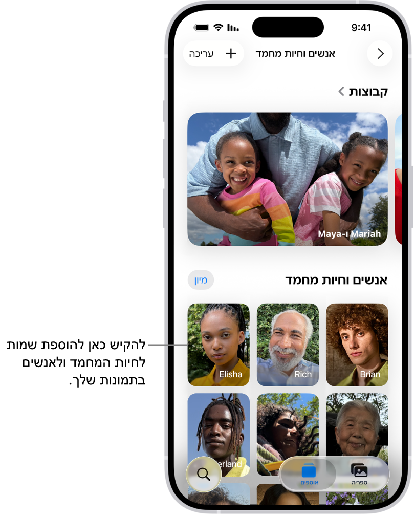 האוסף ״אנשים וחיות מחמד״ ביישום ״תמונות״. למעלה רואים את ״קבוצות״ ומתחת את ״אנשים וחיות מחמד״.