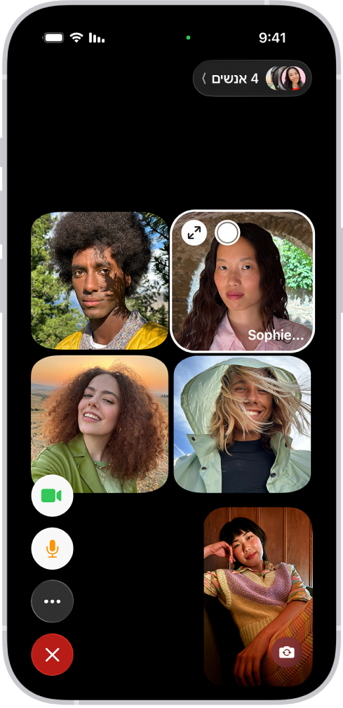 שיחת FaceTime קבוצתית עם חמישה משתתפים. כל משתתף מופיע באריח נפרד. אפשרויות נוספות של FaceTime מופיעות בחלק השמאלי התחתון של המסך.