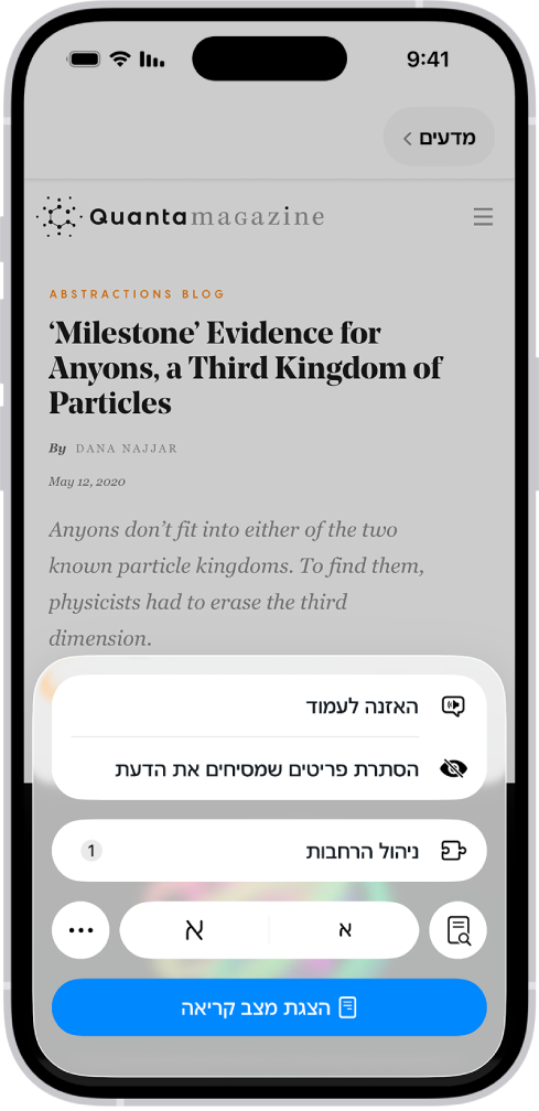 ב-Safari, הקשה על הכפתור ״תפריט עמוד״ באתר מציגה רשימה של אפשרויות, כולל ״הסתרת פריטים שמסיחים את הדעת״.