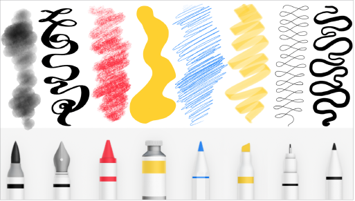 חלק מכלי הציור של Freeform והקווים שלהם: ״מרקר״, ״עט״, ״עט מדגיש״, ״עיפרון״, ״עיפרון צבעוני״, ״עט נובע״ ו״מכחול צבעי מים״.