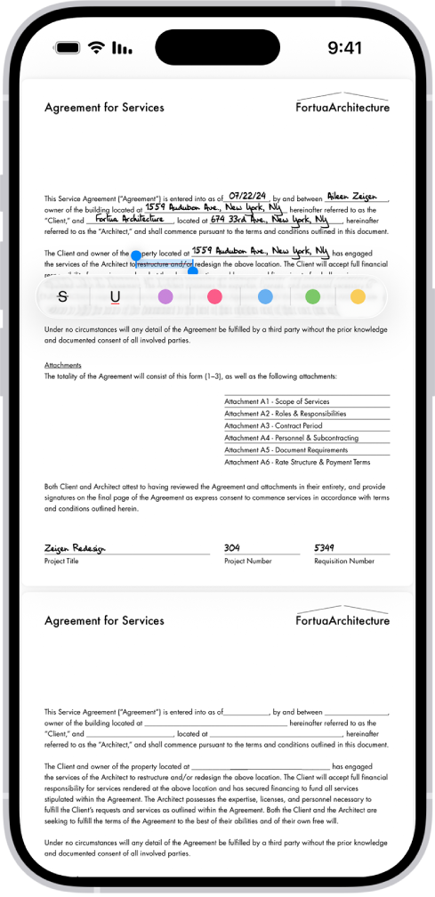 קובץ PDF של הסכם שירות ביישום ״תצוגה מקדימה״ שבו מופיע מלל מודגש עם קו חוצה. הכפתורים ״הדגשה״, ״קו תחתון״ ו״קו חוצה״ מוצגים מתחת למלל.