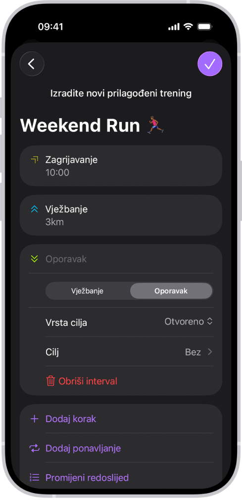 Zaslon Prilagođeni trening aplikacije Fitness prikazuje intervale zagrijavanje, trening i oporavak. Na dnu zaslona nalaze se tipke za dodavanje koraka, ponavljanje intervala i promjenu redoslijeda intervala.