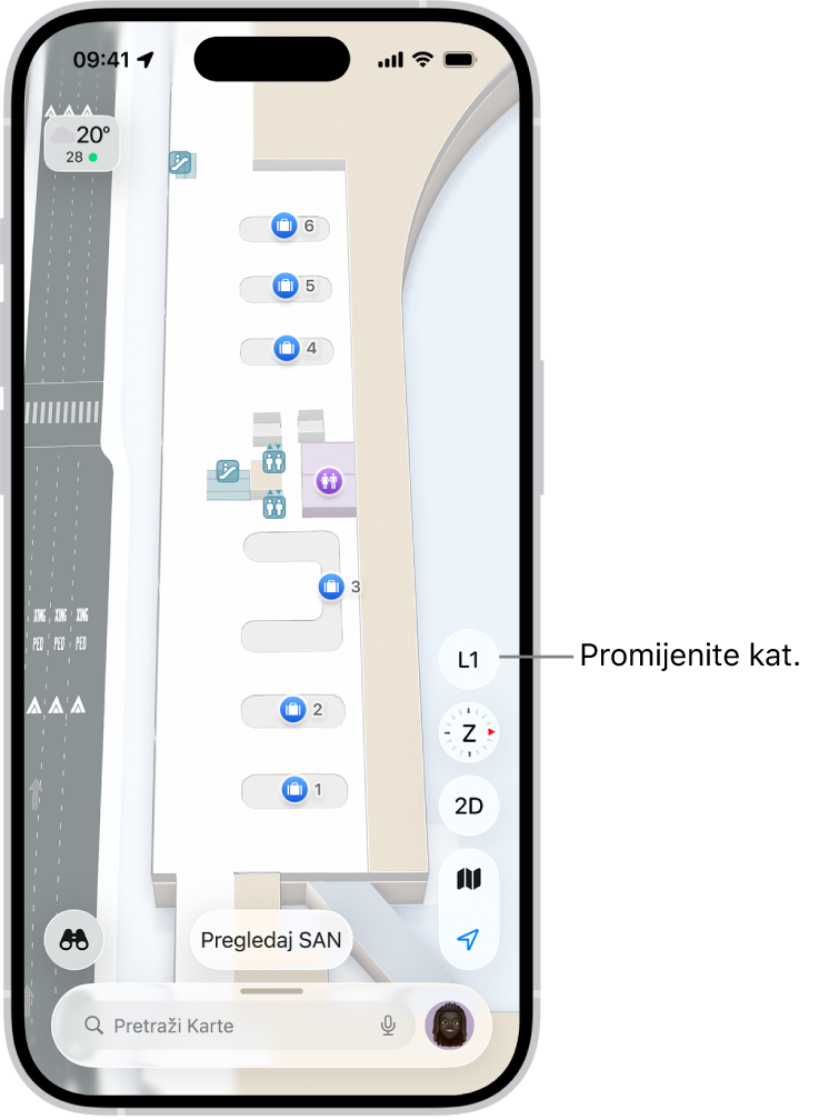 Karta unutrašnjosti terminala zračne luke. Stavke uključuju imigracijsku kontrolnu točku, stepenice, toalete i prvu pomoć. Možete promijeniti razine karata na više katova koristeći tipku označenu s L1 (za Razinu 1).