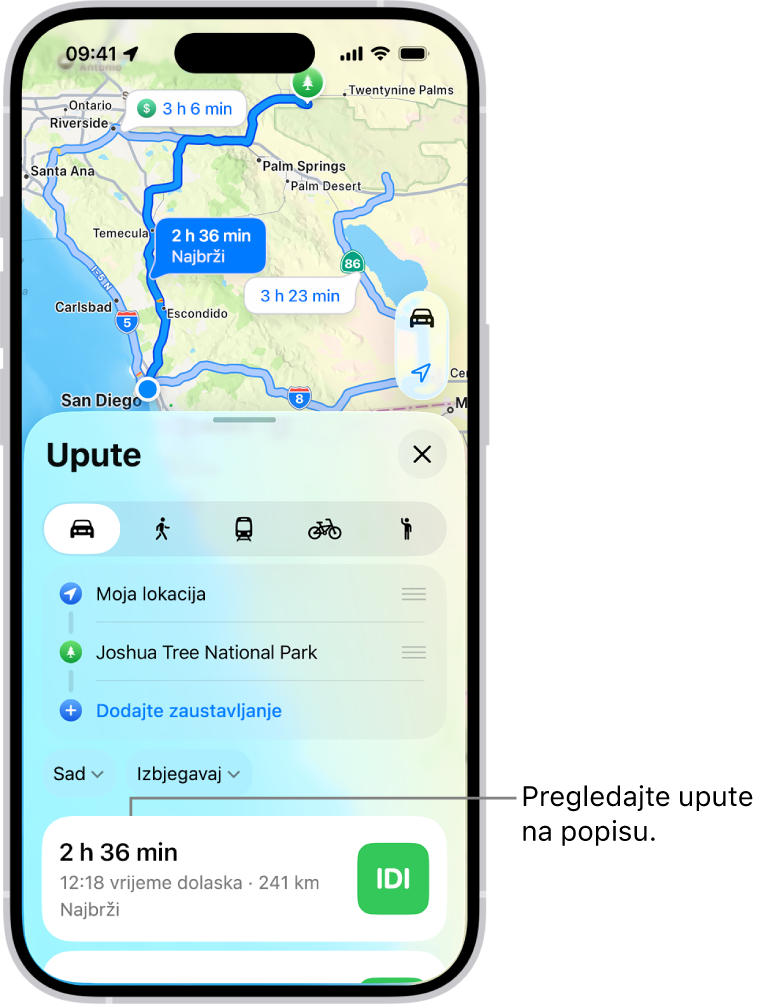 Kartica s nekoliko opcija ruta.