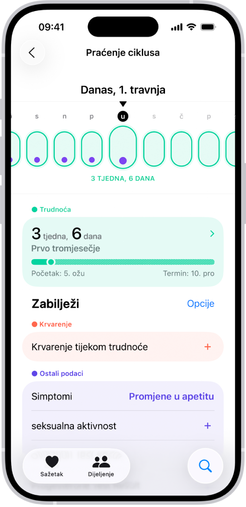 Zaslon Praćenje ciklusa koji prikazuje vremensku liniju trudnoće za tjedan dana na vrhu zaslona. Svjetlozeleni ovali i ljubičaste točke označavanju prvih 5 dana u vremenskoj liniji. Isprekidani svjetlozeleni ovali označavaju druge dane u vremenskoj liniji. Ispod vremenske linije nalazi se sažetak trudnoće s prikazom gestacijske dobi, datuma početka trudnoće i procijenjenog datuma termina poroda. Ispod sažetka trudnoće nalaze se opcije za dodavanje informacija o krvarenju tijekom trudnoće, simptomima i ostalom.