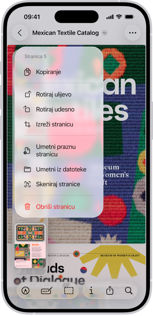 PDF katalog s minijaturama s lijeve strane. Posljednja je minijatura istaknuta, a iznad se nalazi izbornik s opcijama Kopiraj, Rotiraj ulijevo, Rotiraj udesno, Izreži stranicu, Umetni praznu stranicu, Umetni iz datoteke, Skeniraj stranice i Obriši stranicu.