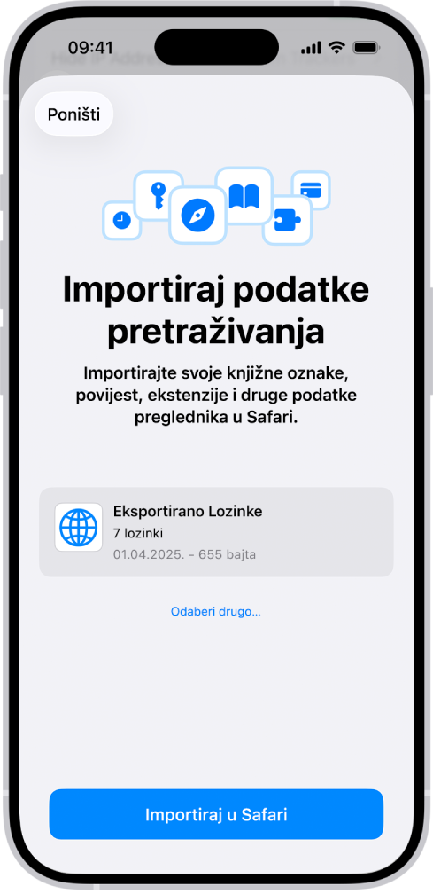 Zaslon Importiraj podatke za pretraživanje prikazuje CSV datoteku lozinki iz drugog upravitelja lozinki koja će se importirati.