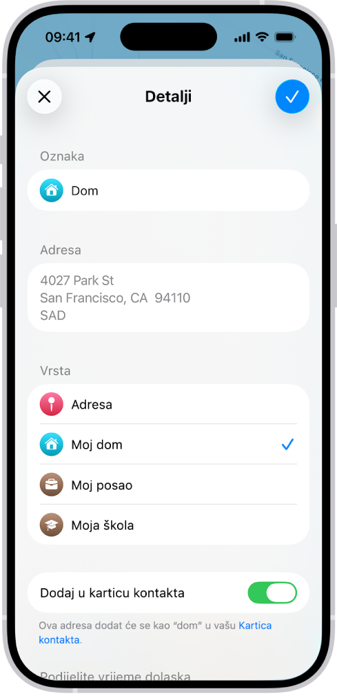 Aplikacija Karte prikazuje zaslon Detalji s opcijama za podešavanje adrese kao doma, posla ili škole.