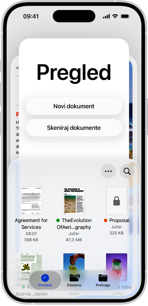 Preglednik dokumenata u Pregledu. Po sredini zaslona nalaze se tipke Novi dokument, Skeniraj dokumente, Više i Pretraga. Pri dnu zaslona nalaze se tipke Nedavno, Dijeljeno i Pregledaj.