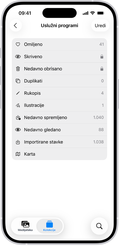 U aplikaciji Foto otvorena je kolekcija Više stavki, s prikazom popisa kolekcija fotografija.
