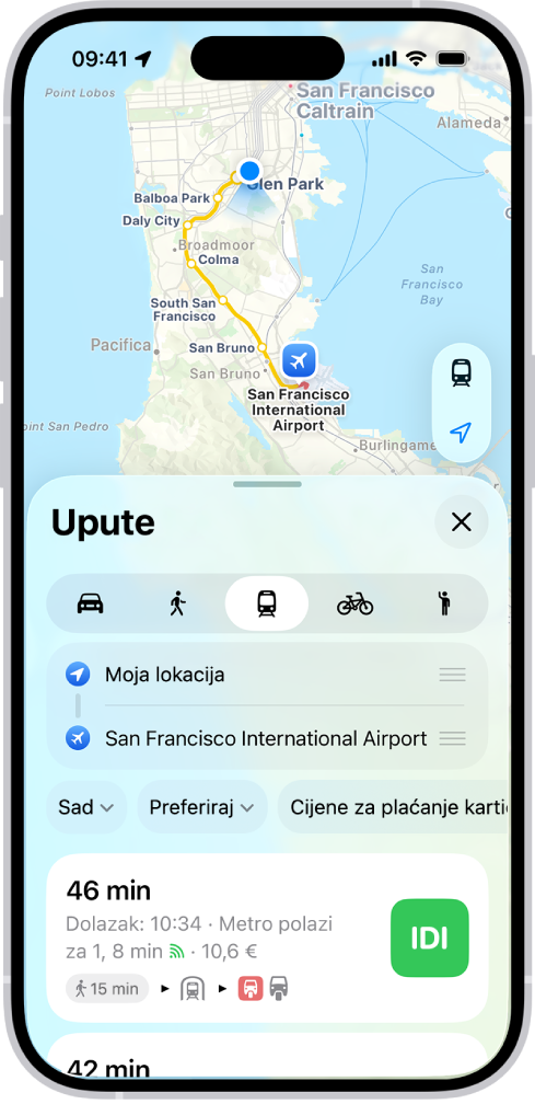 Karta koja prikazuje rute za javni prijevoz. Kartica rute na dnu sadrži detalje za rutu, uključujući procijenjeno vrijeme putovanja i ukupan trošak. Tipka Idi prikazuje se s desne strane detalja.
