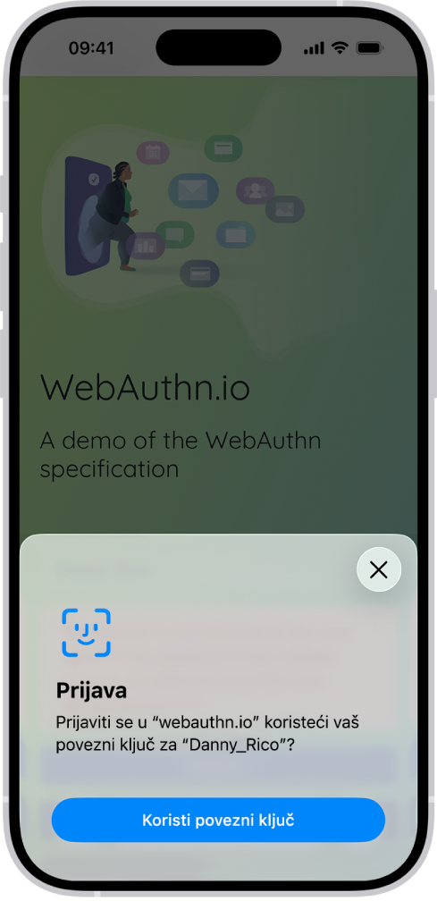 Na donjoj polovici zaslona iPhonea prikazuje se opcija za uporabu poveznog ključa za prijavljivanje na web stranicu.