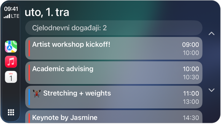 CarPlay s prikazom aplikacija Karte, Glazba i Kalendar u Rubnom stupcu. S desne su strane događaji za ponedjeljak, 5. lipnja za portfelj radnu sesiju, radionicu vještina vodstva, pripremu prezentacije i vježbe sa zborom.