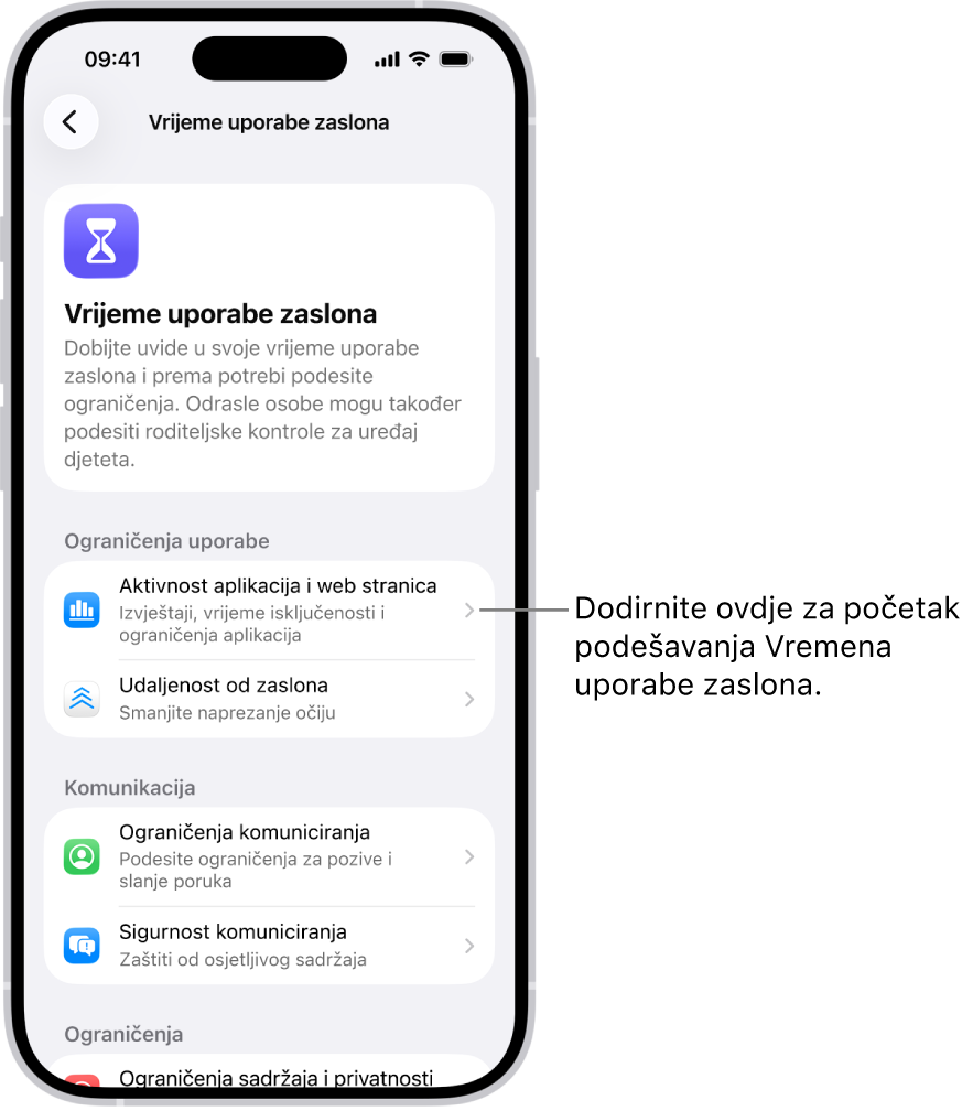 Zaslon za podešavanje Vremena uporabe zaslona koji prikazuje kako trebate dodirnuti Aktivnost aplikacija i web stranica za početak rada.
