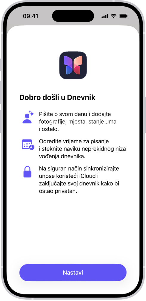 Zaslon dobrodošlice za aplikaciju Dnevnik.