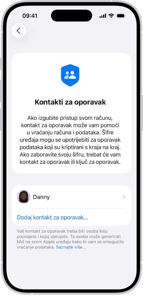 Zaslon Dodaj kontakt za oporavak