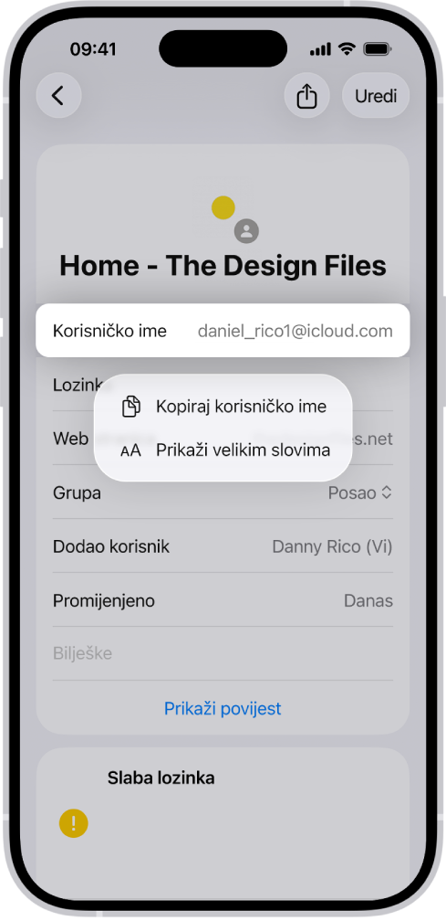 Zaslon računa prikazuje istaknuto korisničko ime, s opcijama Kopiraj korisničko ime i Prikaži velikim slovima.