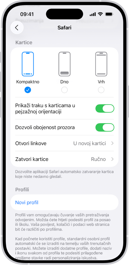 Zaslon prikazuje tri opcije izgleda Safarija: Kompaktno, Dno i Vrh.