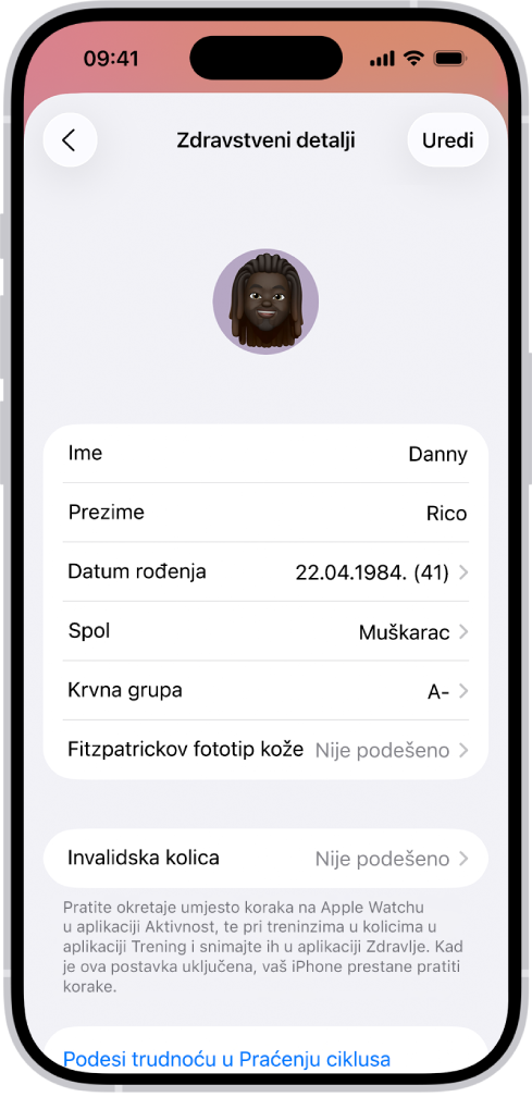 Zaslon Zdravstvenih detalja koji uključuje polja za naziv, datum rođenja, krvnu grupu i druge informacije.