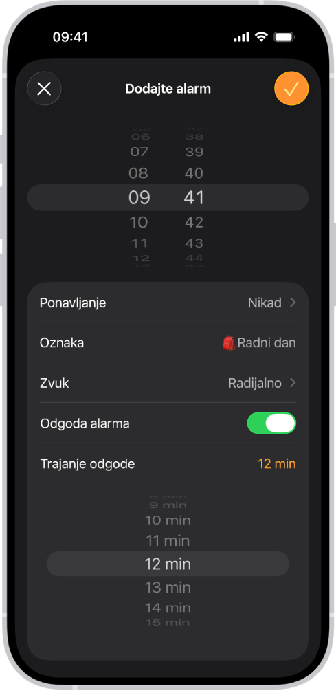 Zaslon Dodaj alarm u aplikaciji Sat. Odgoda je i uključena i Trajanje odgode postavljeno je na prilagođeno vrijeme od 12 minuta.