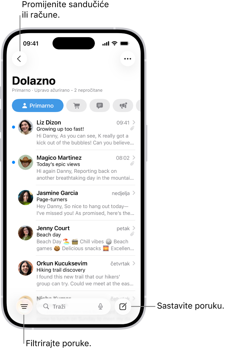 Ulazna pošta aplikacije Mail s prikazom popisa e-mailova.