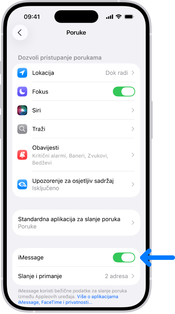 Prozor postavki aplikacije Poruke s uključenom značajkom iMessage.