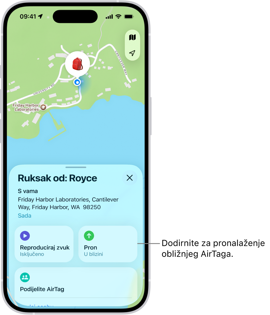 Otvorena aplikacija Pronalaženje, s prikazom Danijelovih ključeva u Golden Gate Parku. Dodirnite tipku Pronađi kako biste pronašli AirTag u blizini.