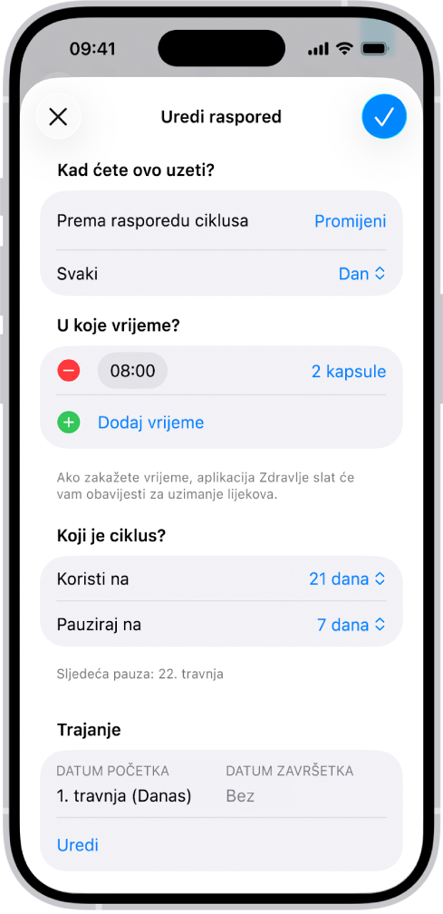 Zaslon Lijekovi u aplikaciji Zdravlje prikazuje opcije za promjenu rasporeda lijeka.