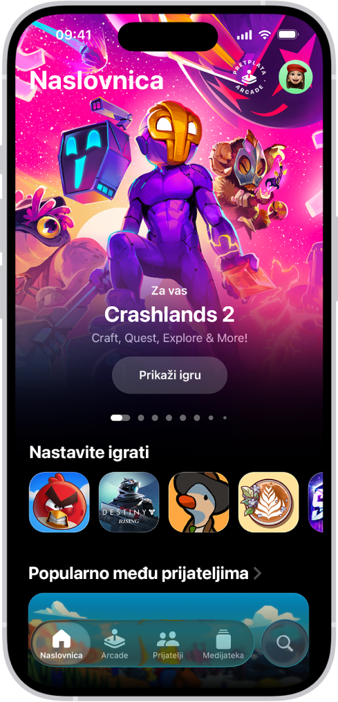 Aplikacija Apple Games prikazuje karticu Naslovna stranica koja prikazuje igre koje možete nastaviti igrati i nova izdanja.