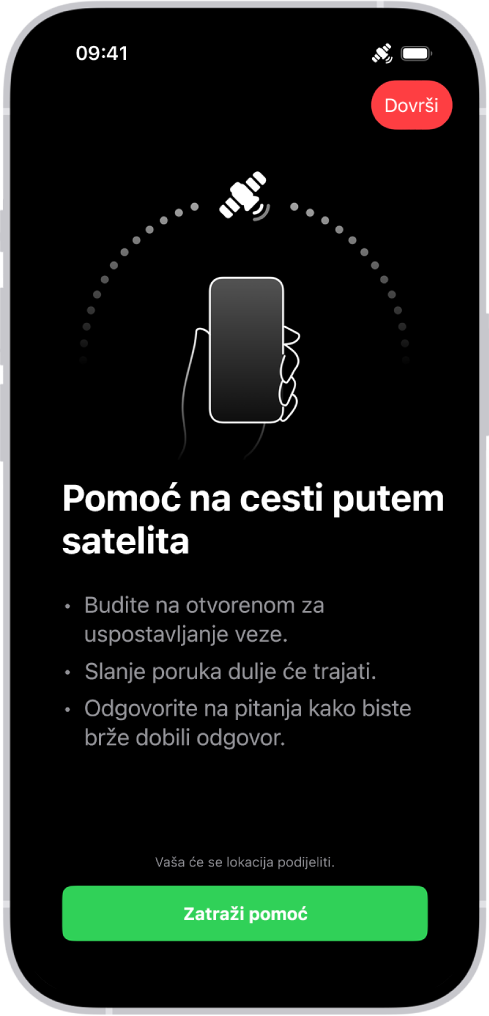Zaslon pomoći na cesti putem satelita Tipka Zatraži pomoć nalazi se na dnu zaslona.