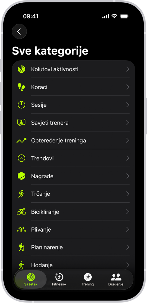 Zaslon aplikacije Fitness s prikazom popisa kategorija fitnessa.