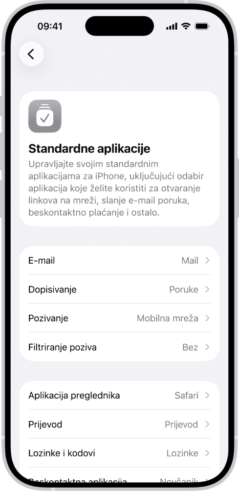 Zaslon za promjenu vaših standardnih aplikacija za slanje e-maila, pregledavanje weba i ostalo.