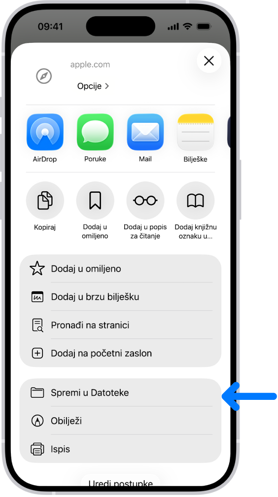 U aplikaciji Safari dodiruje se tipka Dijeli na PDF-u i otkriva popis opcija uključujući Spremi u Datoteke pri dnu zaslona.