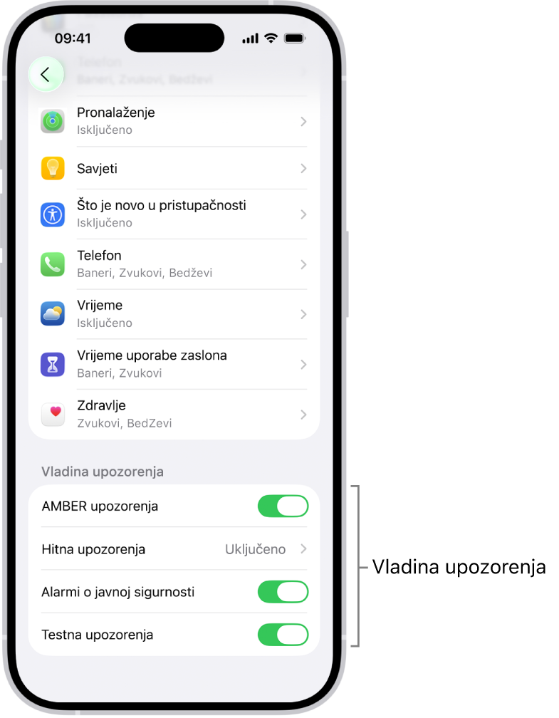 Zaslon Obavijesti prikazuje Vladina upozorenja koja možete uključiti za primanje vladinih upozorenja.