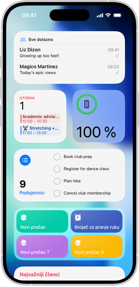 Widgeti koji se pojavljuju u prikazu Danas, uključujući widgete Podsjetnici, Foto, Baterija, Kalendar i Savjeti. Dodirnite jedan kako biste ga dodali u početni zaslon.