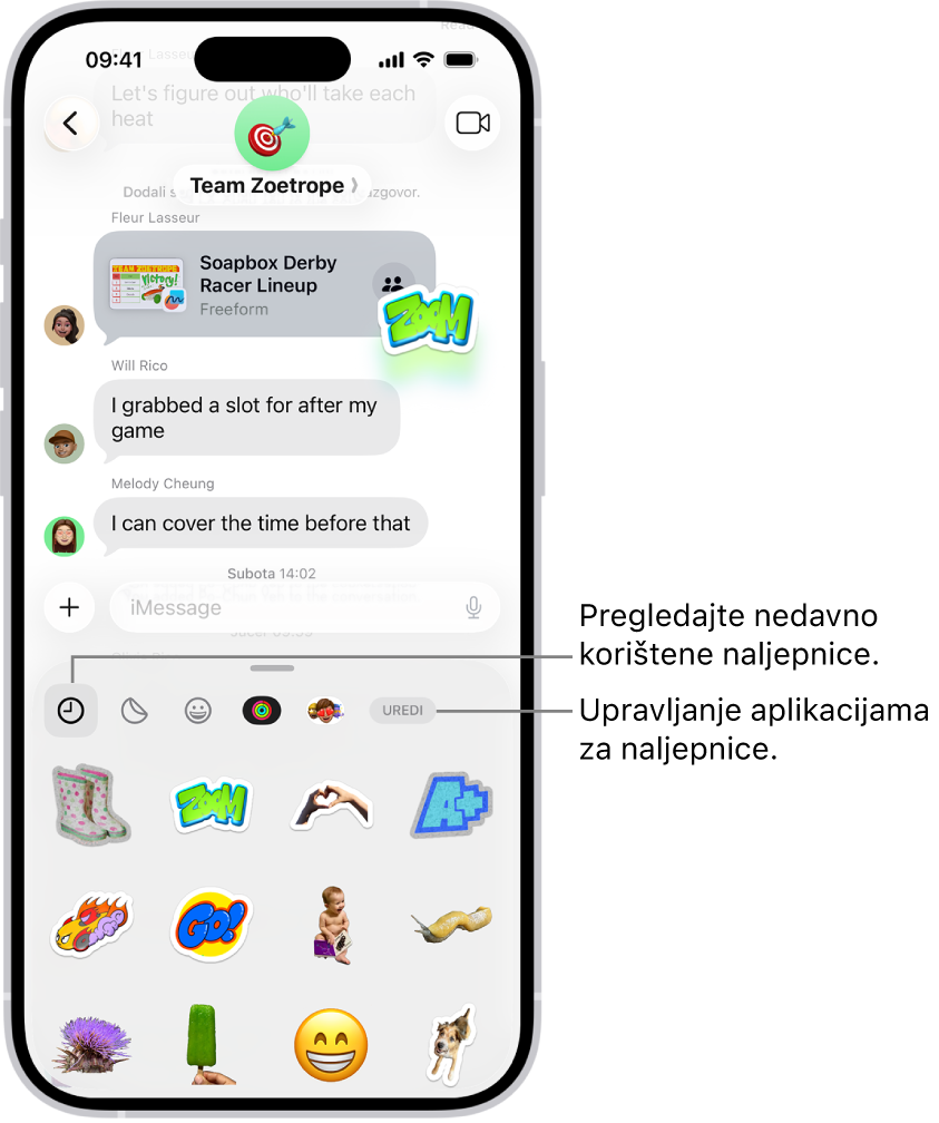Naljepnice se prikazuju ispod razgovora. Svaka tipka na vrhu kartice otvara paket naljepnica.