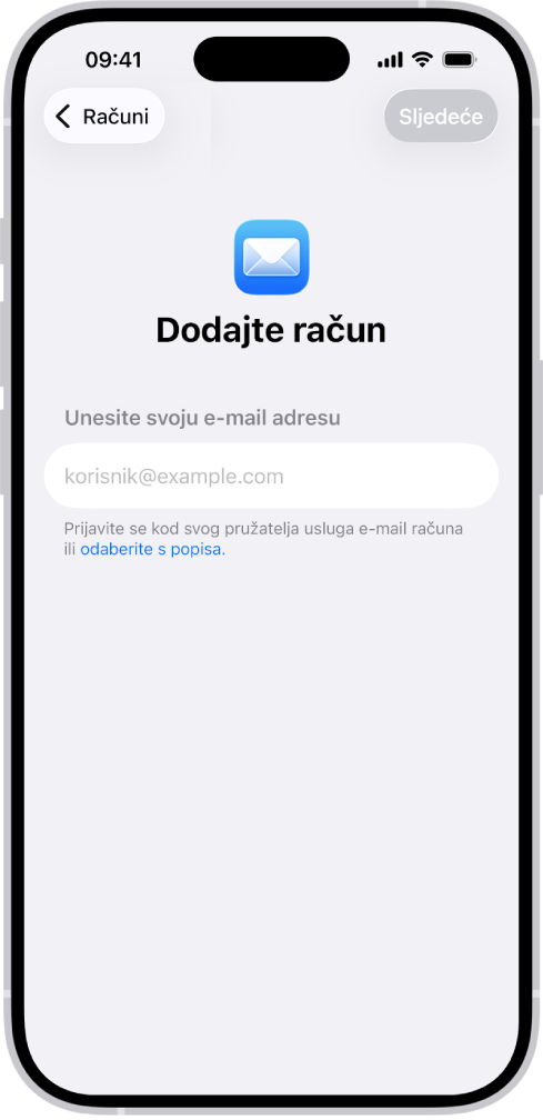 Zaslon Dodaj račun s poljem za unos email adrese.