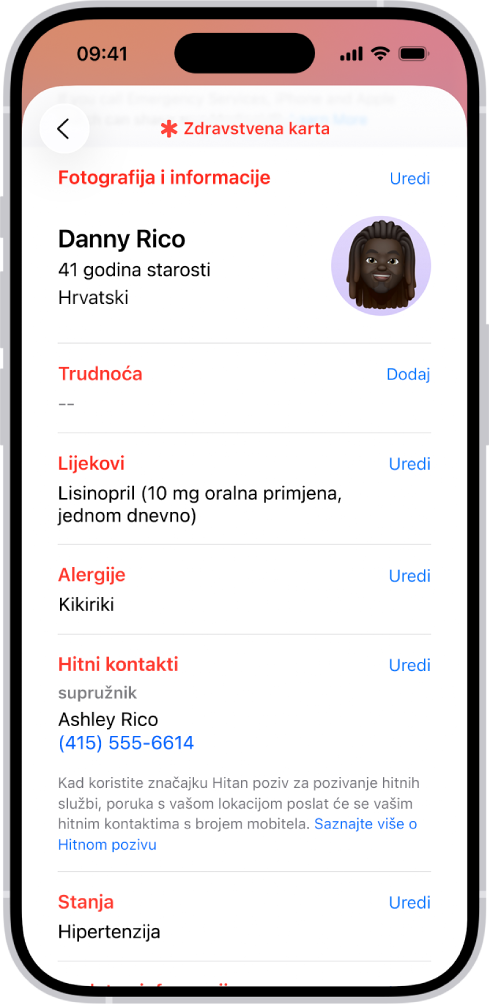 Zaslon Zdravstvene karte sadrži informacije, uključujući datum rođenja, lijekove, alergije, hitne kontakte i zdravstvena stanja.