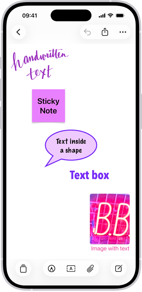 Ploča Freeforma s obrađenim tekstom na crtežu, naljepnici, obliku, tekstualnom okviru i slici.