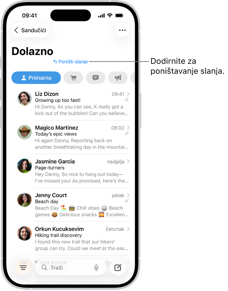 Dolazni sandučić s prikazom popisa poruka. Tipka Poništi slanje (za vraćanje nedavno poslane poruke) nalazi se po sredini dna zaslona.