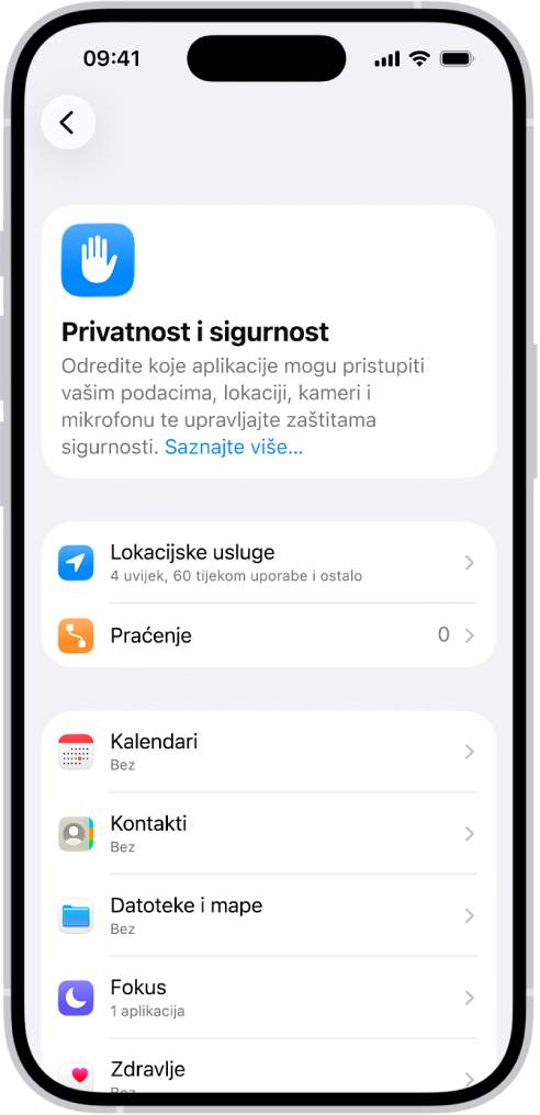 Zaslon Privatnost i sigurnost u Postavkama.