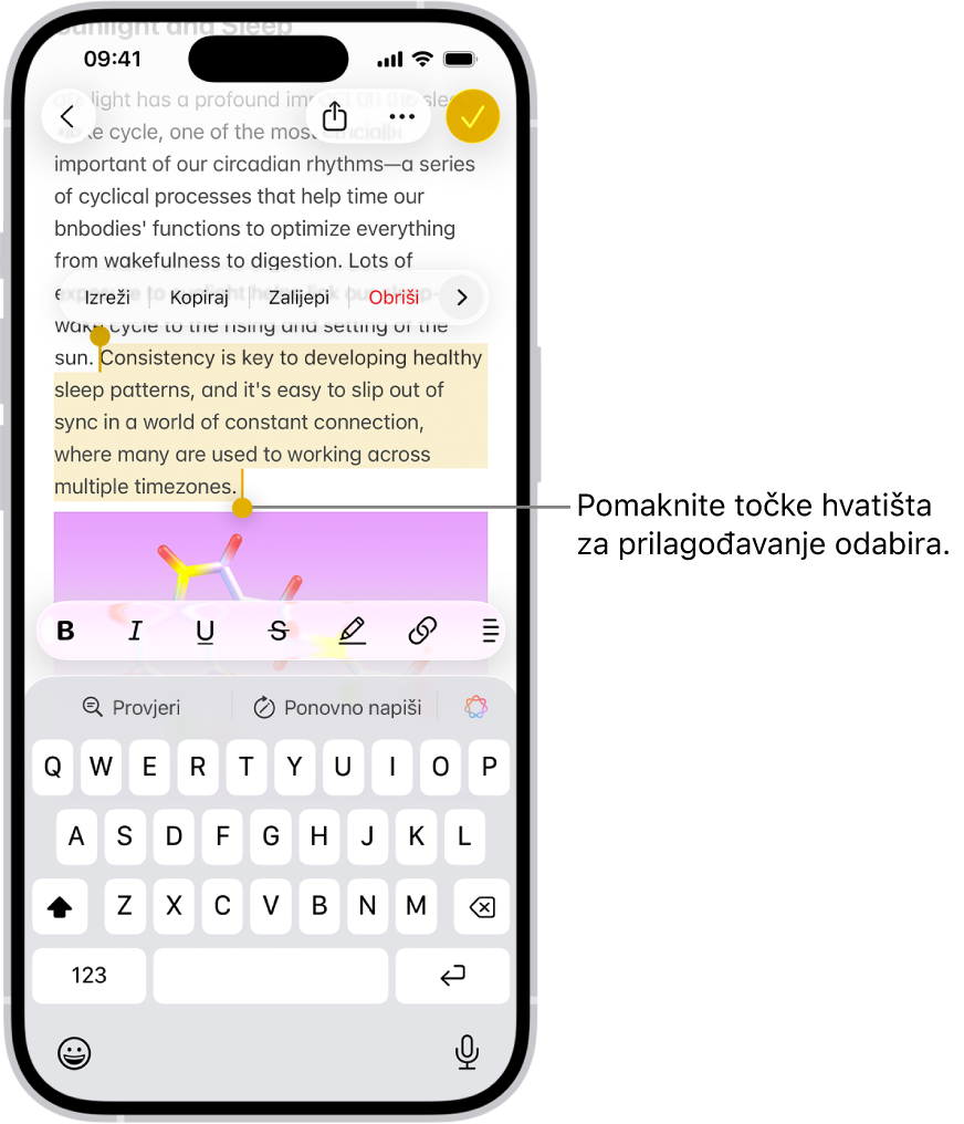 Tekst je odabran u bilješci u aplikaciji Bilješke. Iznad odabranog teksta nalaze se tipke Izreži, Kopiraj, Zalijepi i Auto ispuna. Odabrani tekst je istaknut, s točkama za podešavanje odabira na oba kraja.
